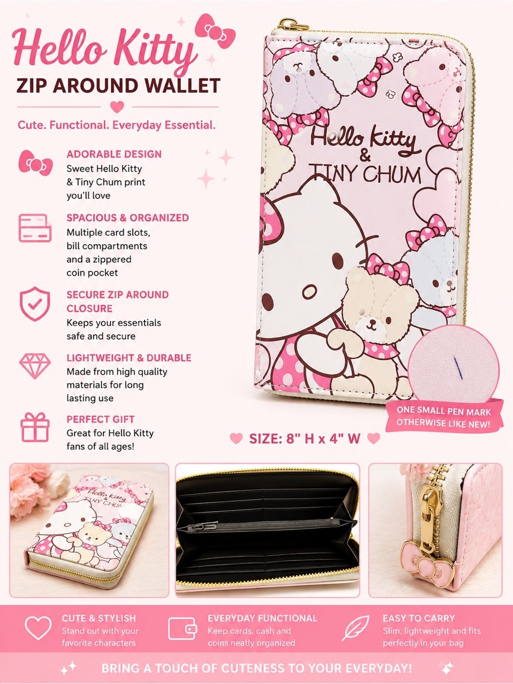 Sanrio Hello Kitty & Tiny Chum Pink Character Zip Wallet One small pen mark.
8x4